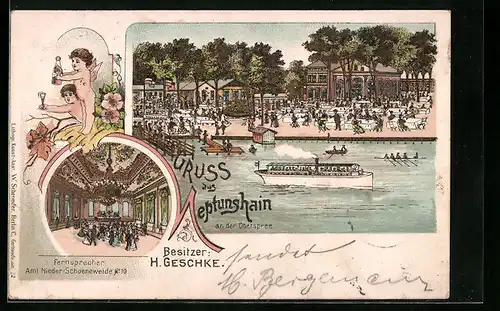 Lithographie Berlin-Niederschöneweide, Gasthaus Neptunshain an der Oberspree mit Dampfer