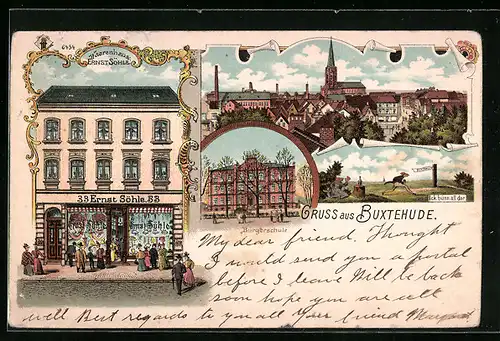 Lithographie Buxtehude, Waarenhaus Ernst Söhle, Bürgerschule