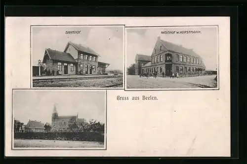 AK Beelen, Bahnhof, Gasthof W. Horstmann