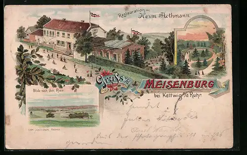Lithographie Kettwig, Restauration Meisenburg von Herm. Flothmann