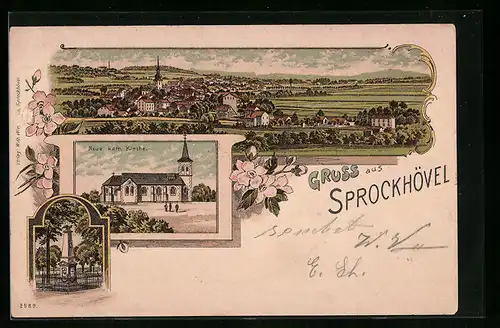 Lithographie Sprockhövel, Neue kath. Kirche, Ortsansicht