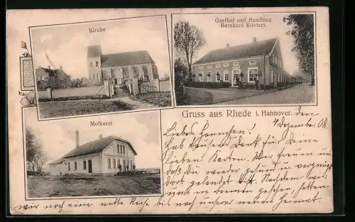 AK Rhede i. Hannover, Gasthof und Handlung Bernhard Kösters, Molkerei, Kirche