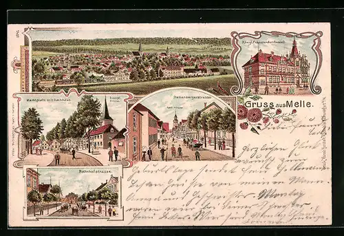 Lithographie Melle, Königliche Präparanden-Anstalt, Plattenbergstrasse mit katholischer Kirche, Bahnhofstrasse