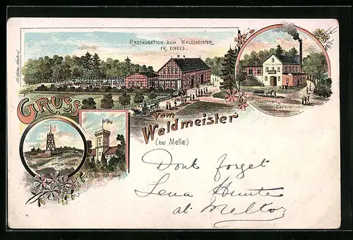 Lithographie Melle, Restaurant zum Waldmeister, Fruchtwein-Kelterei, Dietrichsburg