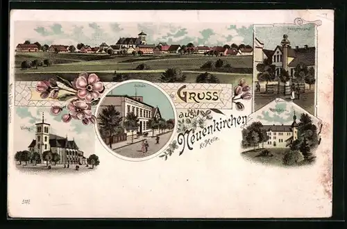 Künstler-AK Neuenkirchen /Kr. Melle, Schule, Kirche, Kriegerdenkmal