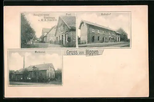 AK Bippen, Hauptstrasse mit Gasthaus v. W. A. Joachim und Post, Molkerei, Bahnhof