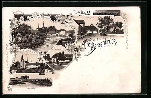 Lithographie Bersenbrück, Kirche und Gericht, Klosterpforte, Hasebrücke