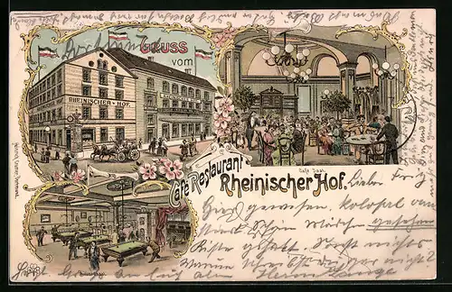 Lithographie Dortmund, Cafe-Restauant Rheinischer Hof, Innenansichten Cafe-Saal und Billardsaal