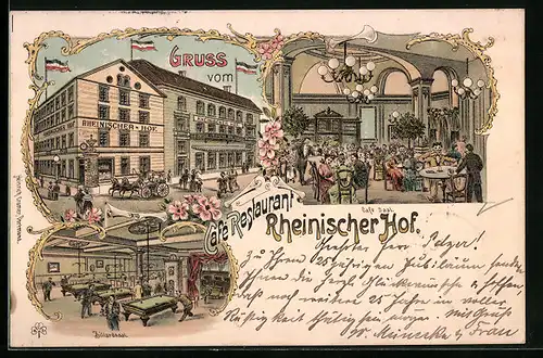 Lithographie Dortmund, Cafe-Restauant Rheinischer Hof, Innenansichten Cafe-Saal und Billardsaal