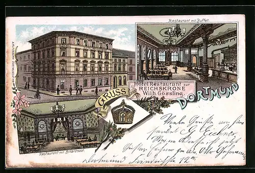 Lithographie Dortmund, Hotel Restaurant zur Reichskrone, Innenansichten Restaurant mit Buffet und mit Billardsaal
