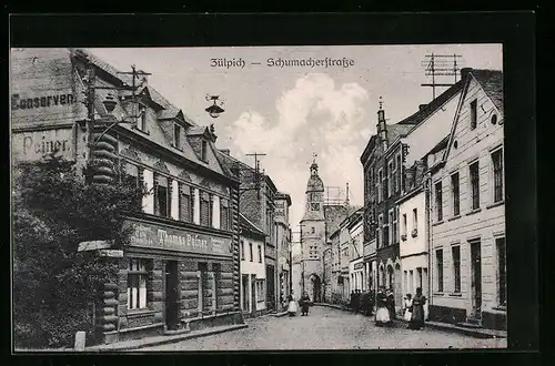 AK Zülpich, Schumacherstrasse mit Central-Hotel und Konditorei-Cafe