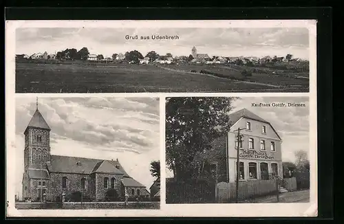 AK Udenbreth, Kaufhaus Gottfr. Driessen, Kirche, Ortspartie