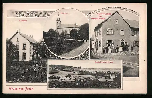 AK Pesch, Gasthaus von Theodor Kloster, Pastorat, Kirche