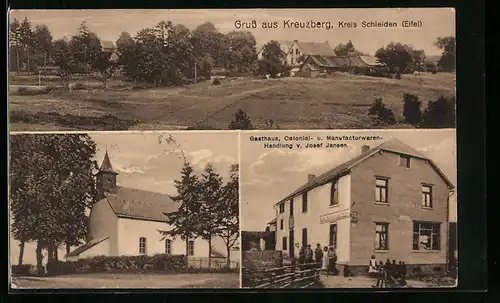 AK Kreuzberg /Kreis Schleiden, Kolonialwarengeschäft und Gasthaus v. Josef Jansen, Kirche, Ortspartie