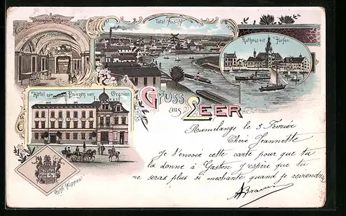 Lithographie Leer, Hotel zum Prinzen von Oranien, Rathaus mit Hafen, Wappen