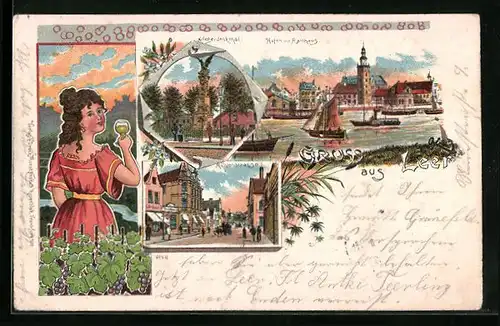Lithographie Leer, Hafen mit Rathhaus, Mühlenstrasse