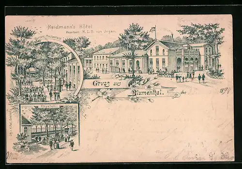 Lithographie Blumenthal, Heidmann`s Hotel, Garten-Restaurant, Kegelbahn