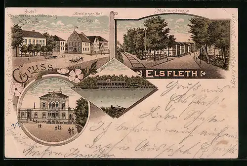 Lithographie Elsfleth, Bahnhof, Hotel Grossherzog von Oldenburg, Mühlenstrasse