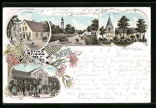 Lithographie Sande, Bahnhof, Gasthof, Kirche