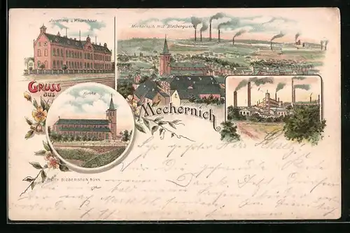 Lithographie Mechernich, Pochwerk, Invaliden- und Waisenhaus, Blick zum Bleibergwerk