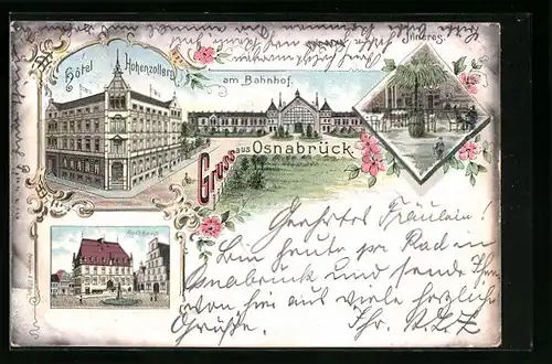 Lithographie Osnabrück, Hotel Hohenzollern am Bahnhof, Rathaus