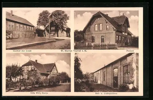 AK Varrel i. H., Gasthof Zur Linde, Postamt, Villa Willy Hartje, Ball- und Lichtspielhaus