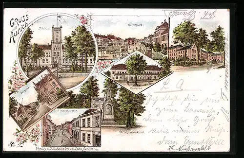 Lithographie Aurich, Schloss, Marktplatz, Seminar, Burgthor, Wilhelmstrasse