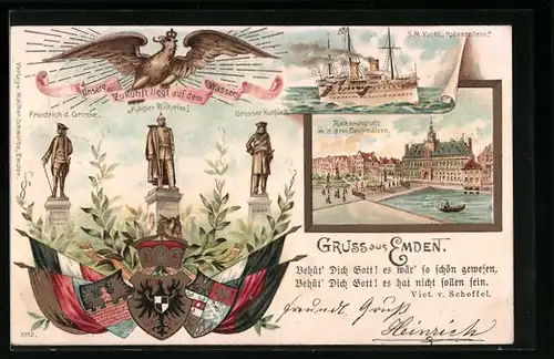 Lithographie Emden, SM Yacht Hohenzollern, Rathausplatz mit den drei Denkmälern, Friedrich d. Grosse, Kaiser Wilhelm I.