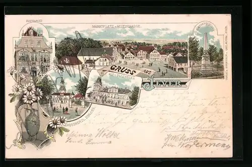 Lithographie Jever, Rathaus, Marktplatz und Neuestrasse, Schloss, Kiebitzbecher