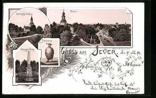 Vorläufer-Lithographie Jever, 1892, Grossherzogl. Schloss, Totalansicht, Kibitzbecher, Schlosser-Denkmal