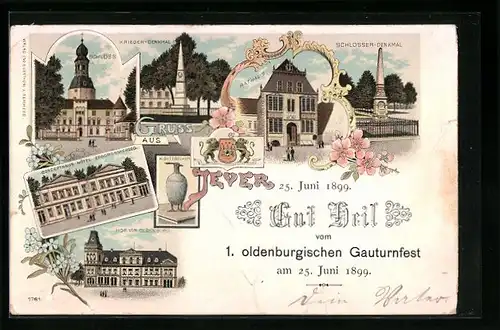 Lithographie Jever, Krieger-Denkmal, Schlosser-Denkmal, Kibitzbecher, Hof von Oldenburg