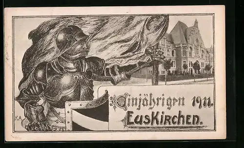 Künstler-AK Euskirchen, Einjährigen 1911, Ritter in Rüstung mit Schild, Strassenpartie