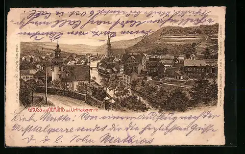 Lithographie Gemünd a. d. Urfttalsperre, Totalansicht aus der Vogelschau