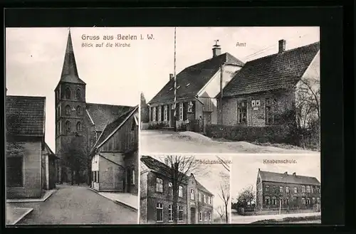 AK Beelen i. W., Blick auf die Kirche, Amt, Mädchenschule