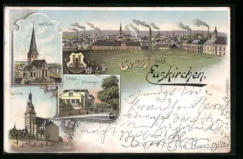 Lithographie Euskirchen, Ev. Kirche, Bahnhof & Alleestrasse, Gesamtansicht