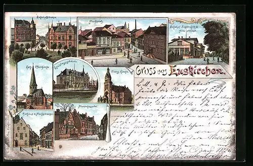 Lithographie Euskirchen, Marienhospital, Bahnhof & Alleestrasse, Marktplatz