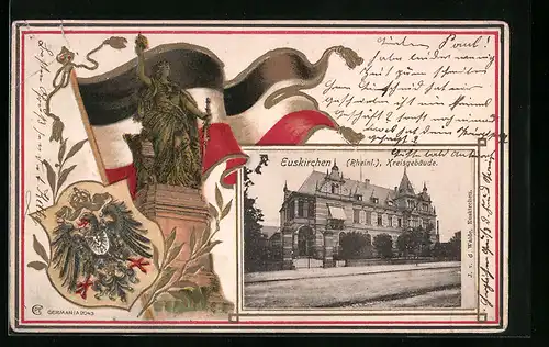 Passepartout-Lithographie Euskirchen, Kreisgebäude, Denkmal und Wappen