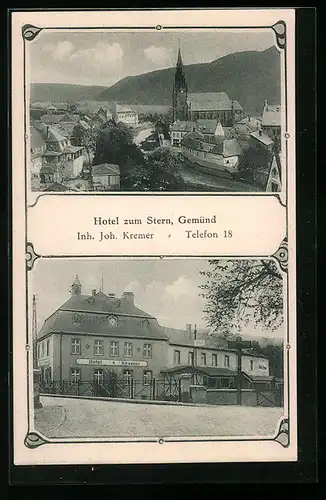AK Gemünd, Hotel zum Stern von J. Kremer, Kirche im Ortsbild
