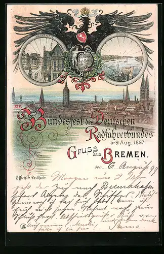 Lithographie Bremen, Bundesfest des Deutschen Radfahrerbundes 1897, Marktplatz, Freihafen