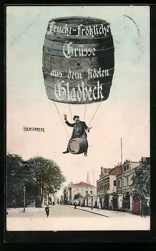 AK Gladbeck, Trinker im Bierfassballon über der Hochstrasse