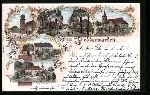 Lithographie Fedderwarden, Knyphauser-Thurm, Poststrasse, Kirche, Krieger-Denkmal