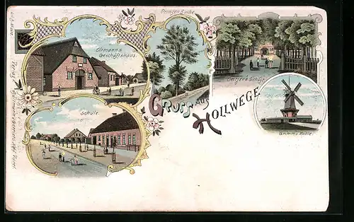 Lithographie Hollwege, Oltmann`s Geschäfthaus, Prinzenbuche, Grimm`s Mühle, Schule