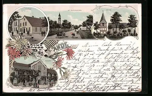 Lithographie Sande, Gasthof, Kirche, Bahnhof, Alt-Marienhausen