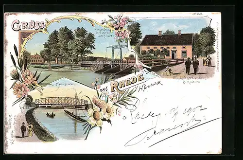 Lithographie Rhede, Neue Brücke, Geschäftshaus Gasthaus B. Kösters, Eingang zum Dorf über die alte Brücke