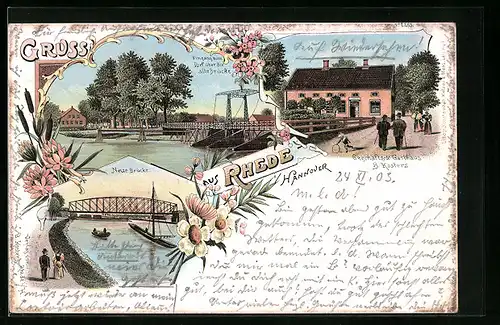 Lithographie Rhede, Neue Brücke, Geschäfts und Gasthaus B. Kösters