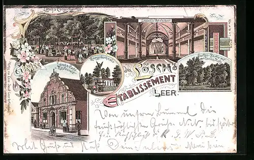 Lithographie Leer, Gasthof Lösch`s Etablissement, Garten-Partie mit Lawn-Tennis Platz