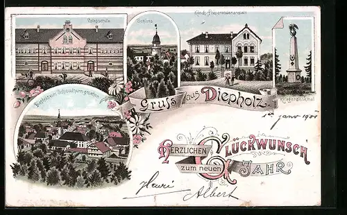 Lithographie Diepholz, Volksschule, Schloss, Königk. Präparandenanstalt, Kriegerdenkmal