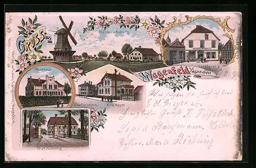 Lithographie Wagenfeld i. Hannover, Mühle zu Auburg, Langhorst`s Gasthof, Pfarrhaus, Villa Pohlmann, Gut Auburg