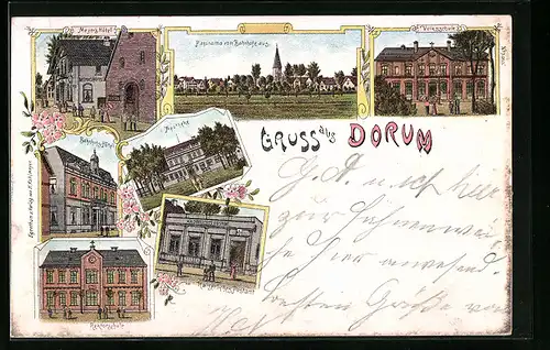 Lithographie Dorum, Meyer`s Hotel, Panorama, Volksschule, Bahnhofshotel, Apotheke