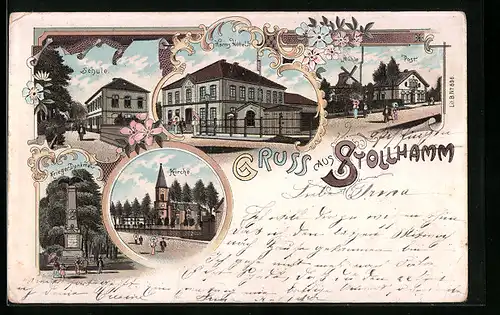 Lithographie Stollhamm, Harms Hotel, Schule, Kirche